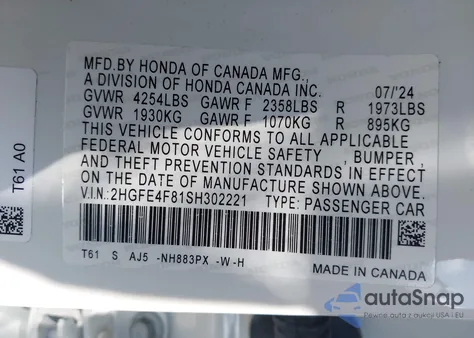 2025 Honda Civic Hybrid Sport/Sport Touring из США, поврежденный, VIN 2HGFE4F81SH302221